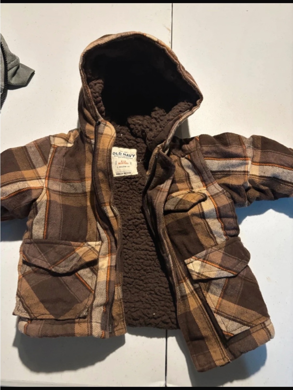 Old Navy Brown Plaid Sherpa-Lined Hooded Puffer Jacket